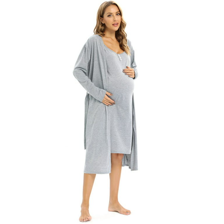 Nursing Gown and Robe Set for Maternity Women 2-Piece Sleeveless Dress and  Robe Breastfeeding Nightgown Pajama Loungewear, Gray S
