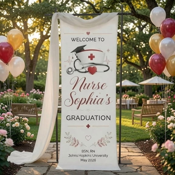 Nursing Graduation Satin Fabric Banner, Personalized RN BSN Welcome Sign, Class Of 2026 Party Backdrop