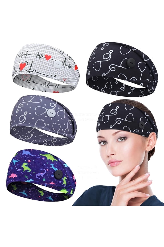 Nursing Headbands with Buttons for Nurses Doctors Women 4 Pieces Face Covering Ear Protection Holder Non Slip Elastic Hair Bands Wide Head Wraps for Spa Yoga Sports Workout