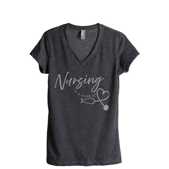 Nursing Is A Work Of Heart Women's Fashion Relaxed V-Neck T-Shirt Tee Charcoal Grey Large