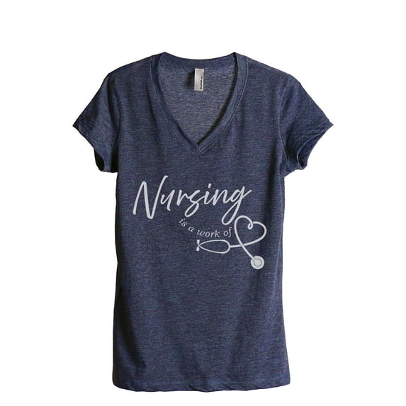 Nursing Is A Work Of Heart Women's Fashion Relaxed V-Neck T-Shirt Tee Heather Navy Small