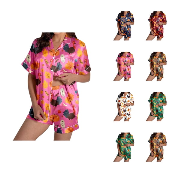 Nursing Lounge Wear – Button Up Pajama Sets for Women, Comfortable Sleepwear for Nursing Moms Ladies' Thanksgiving Turkey Print Pajama Shorts Set 2024
