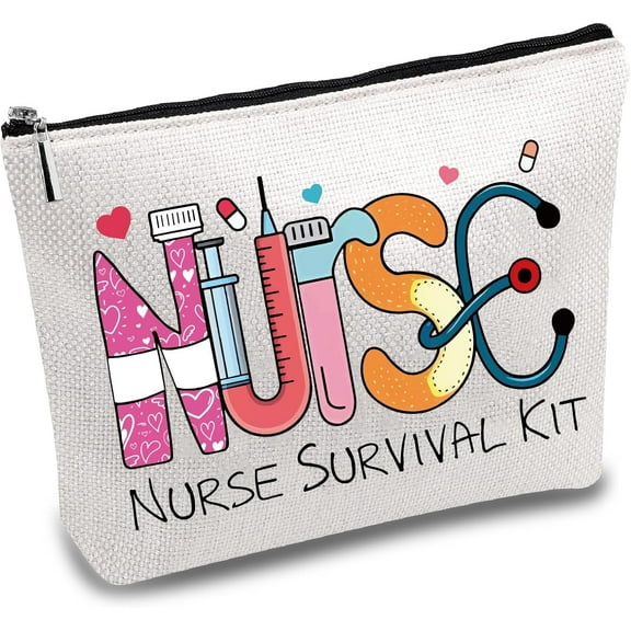 Nursing Makeup Bags Nurse Survival Kit Canvas Cosmetic Bag Multi Purpose Pencil Case with Metal Zipper Bag Toiletry Travel Purse Pouches Gifts for Women Nursing Supplies 10 x 7Inch
