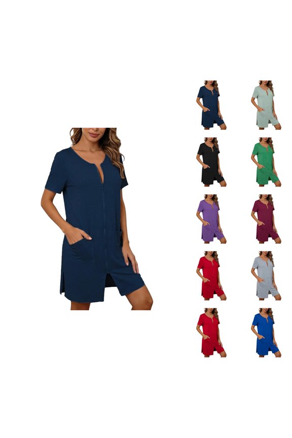 Nursing Night Gown for Breastfeeding Summer Short Sleeve Scoop Neck Side Slit Zip Up Sleep Dress with Pockets Sleepwear