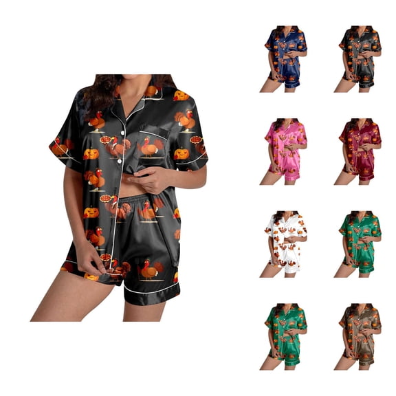 Nursing Pajama Sets for Women – Button Up Cotton Lounge Sets, Comfortable Sleepwear Ladies' Thanksgiving Turkey Print Pajama Shorts Set 2024