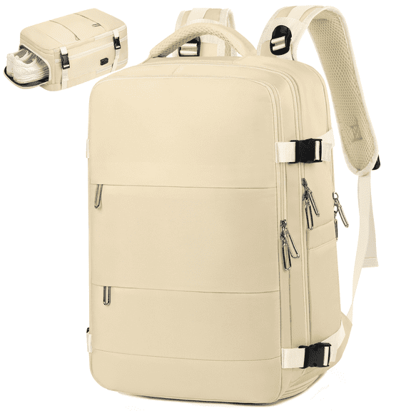 Travel Backpack for Women & Men, Carry On Backpack w/USB Charging Port & Shoe Compartment, TSA-Approved 17” Laptop Backpack for Air Travel, Hiking, Business, Weekender, Water-Resistant Design, Beige
