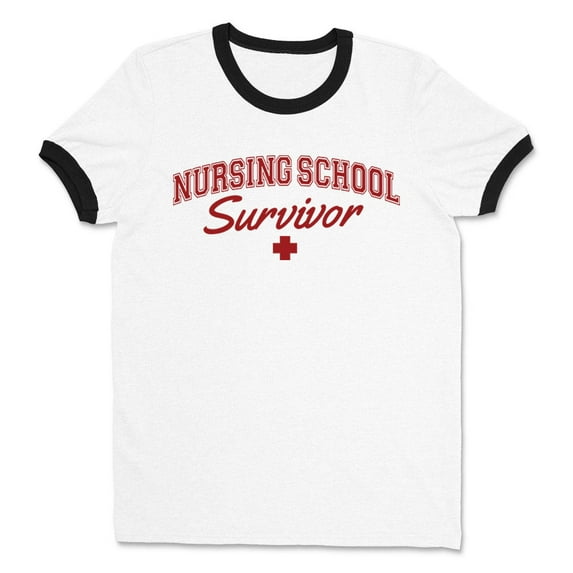 Nursing School Survivor Ringer Tee Shirt Unisex Large White/Black