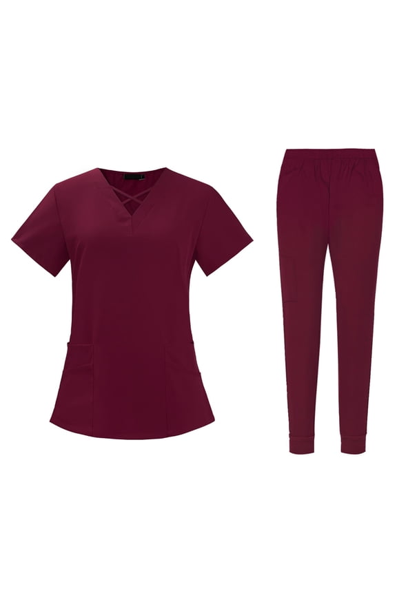 Nursing Scrub Set Top Pants Breathable Working Uniform for Nurse Yoga Jogger Red M