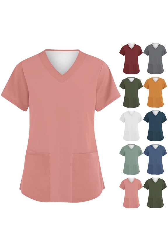 Nursing Scrub Top for Women - V-Neck Stretch Uniform with 2 Front Pockets - Breathable Medical Work Tunic - Solid Short Sleeve Hospital & Clinic Shirt Green L
