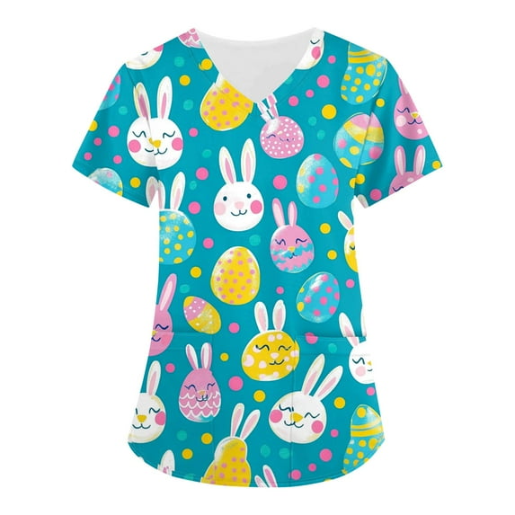 Nursing Scrubs,Easter Scrub Tops Women Bunny Egg Hunt Print Scrubs Short Sleeve Holiday Working Uniform with Pockets,Blue,XXL