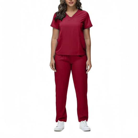 Nursing Scrubs For Woman Matching Set,Scrubs for Women Set, Stretchy V-Neck Top & Jogger Pants with Multi-Pocket Yoga Waistband - Wine - S