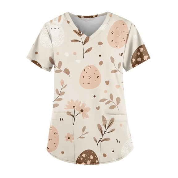 Nursing Scrubs For Women,Womens Scrub Tops Cute Easter Print V Neck Short Sleeve Shirts Stretch Nurse Uniform Medical Scrubs with Pockets,Khaki,M