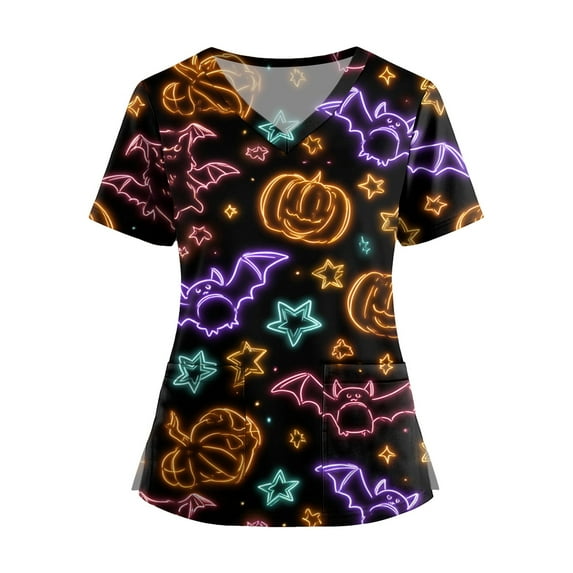 Nursing Scrubs,Halloween Scrubs For Women Plus Size Printed Short Sleeve V-Neck Nurse Care Worker Uniform Scrub Top,Earthy Yellow,XL