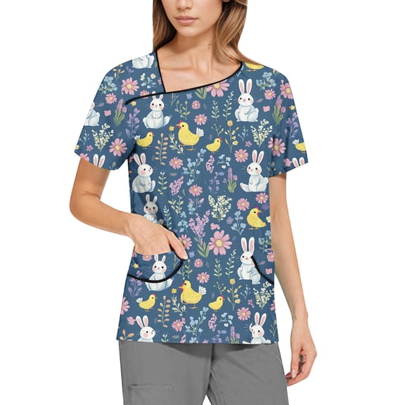 Nursing Scrubs，Scrubs for Women Trendy Easter Printing Plus Size Scrubs Tops Casual V Neck Short Sleeve Uniform with Pocket，Navy，M