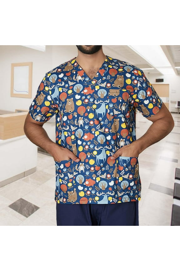 Nursing Scrubs Tops Animal Printed Clothes Uniforms for Women Men Adults SPA Dark Blue L