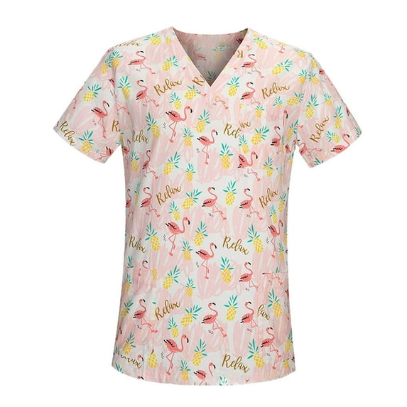 Nursing Scrubs Tops Animal Printed Clothes Uniforms for Women Men Adults SPA Pink XXL