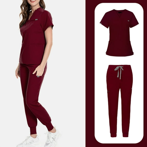 Nursing Scrubs For Woman Matching Set,Womens Scrub Sets with Mandarin Collar,Unisex Jumpsuit Workwear,Medical Uniform for Doctors, Nurses, Beauty Salons - Wine - M