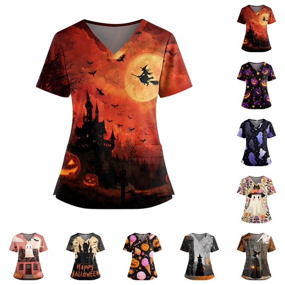 Nursing Scrubs for Women Pumpkin Ghost Graphic Short Sleeve Vintage Medical Scrub Shirts Castle Print V-Neck Funny Holiday Scrubs Top with Pockets 4XL