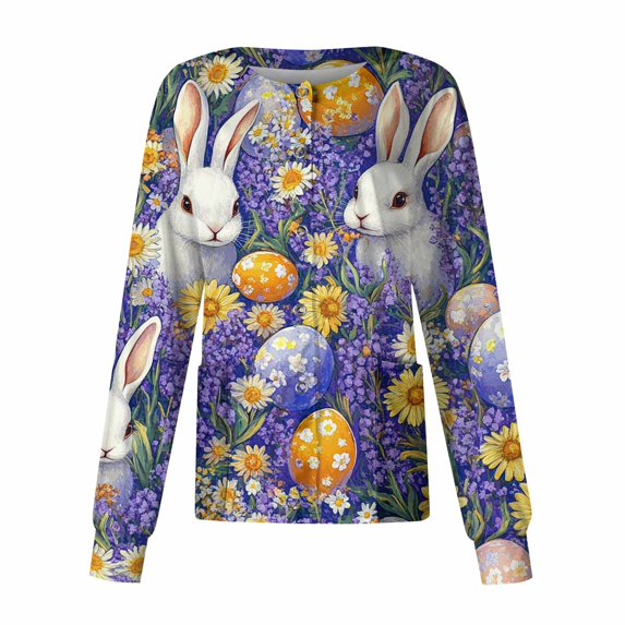 Nursing Scrubs,Women's Casual Long-Sleeve Single-Breasted Easter Print Nursing Scrub Top with Pocket,Purple,XL