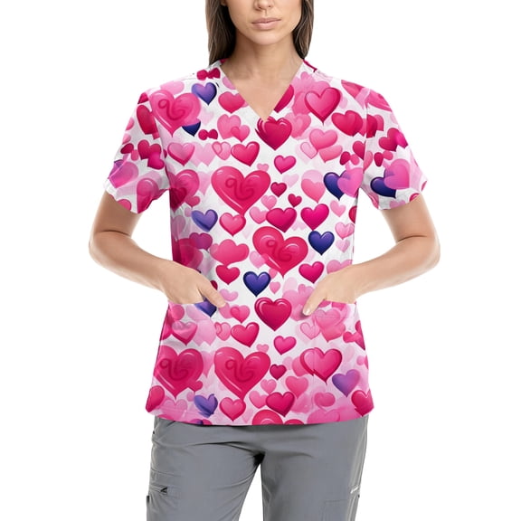 Nursing Scrubs,Women's Fashion V-Neck Nursing Top Valentine's Day Print Short-Sleeve Nursing Scrub Top with Pockets - Pink - XXXXL