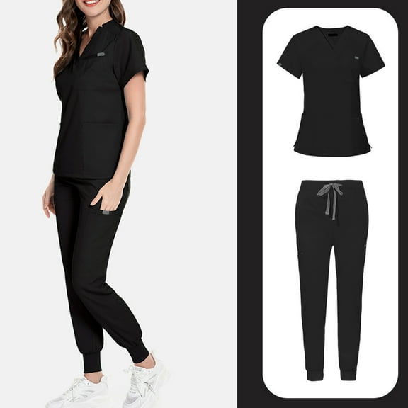 Nursing Scrubs,Womens Scrub Sets with Mandarin Collar,Unisex Jumpsuit Workwear,Medical Uniform for Doctors, Nurses, Beauty Salons - Black - XS