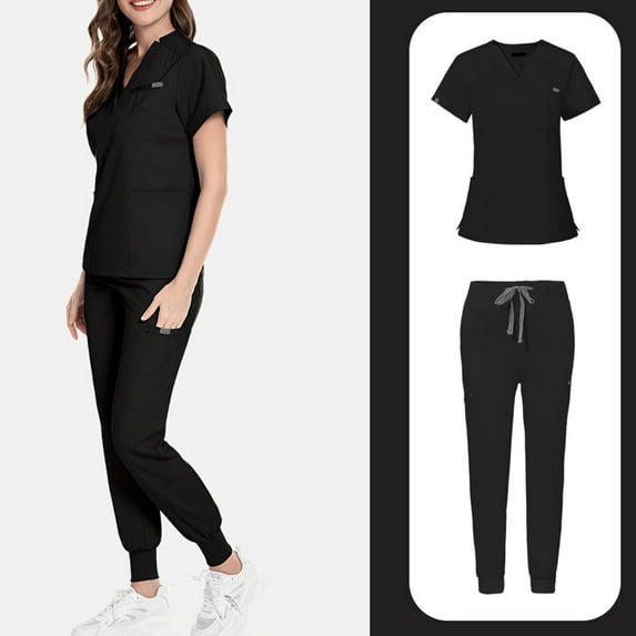 Nursing Scrubs,Womens Scrub Sets with Mandarin Collar,Unisex Jumpsuit Workwear,Medical Uniform for Doctors, Nurses, Beauty Salons - Black - XS