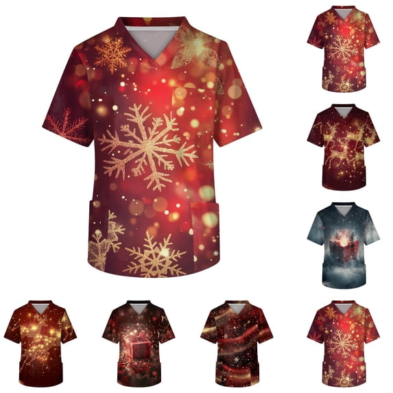 Nursing Scrubs for Men Short Sleeve Christmas Print V Neck Scrub Shirt Medical Work Uniform with Pocket Red S