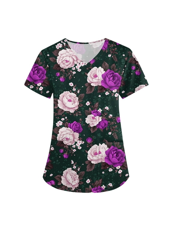 Nursing Scrubs for Women,Floral Print Medical Tops - Quick-Dry Scrub Blouse with Utility Pockets - Purple - XXL