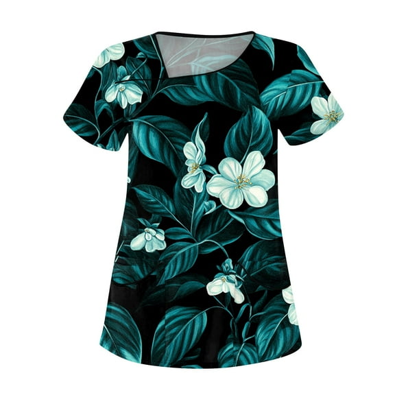 Nursing Scrubs for Women,Floral Printed Scrub Tops - Cheerful Floral Patterns Short Sleeve Medical Blouse - Royal Blue - L