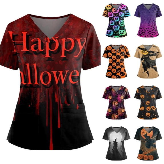 Nursing Scrubs for Women Ghost Bat Graphic V-Neck Horror Medical Scrub Shirts Candy Print Short Sleeve Spooky Holiday Scrubs Top with Pockets 4XL