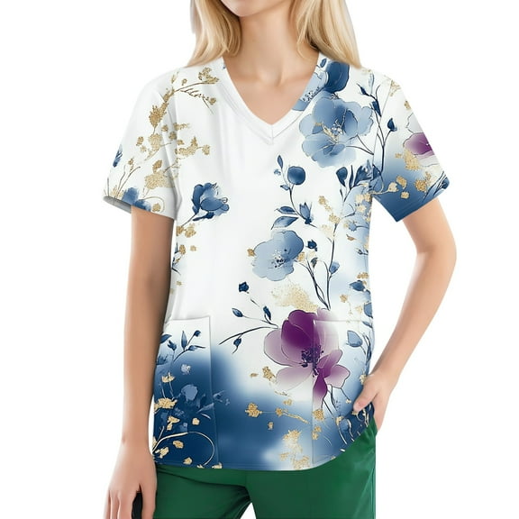 Nursing Scrubs for Women,Stretchy Scrubs Tops for Women - 2-Pocket Short Sleeve V Neck Healthcare Uniform Top - Royal Blue - XXL