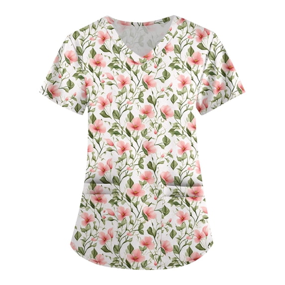 Nursing Scrubs for Women,V-Neck Scrub Tops with Floral Print - 2-Pocket Stretchy Scrubs with Convertible V-Neck - Pink - M