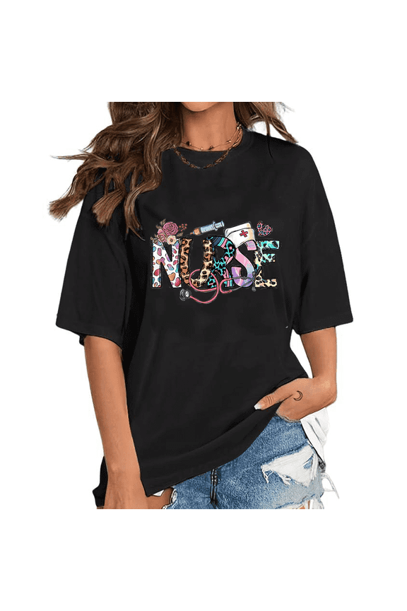 Nursing Student Graphic T Shirt Nursing School Pattern Tops R&N Registered Student Print Shirt Black,M