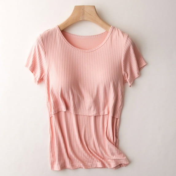Nursing Tops Maternity Round-Neck Solid Color Short Sleeve Breast Feeding Pregnant Nursing Women Blouse Tops T-Shirt Tunic Tee Top Blouse Pink L