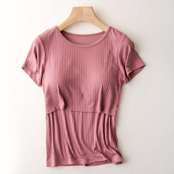 Nursing Tops Maternity Round-Neck Solid Color Short Sleeve Breast Feeding Pregnant Nursing Women Blouse Tops T-Shirt Tunic Tee Top Blouse Red L