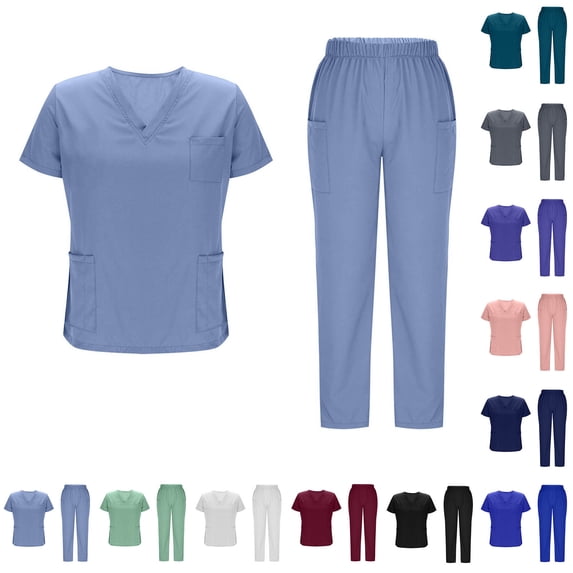 Nursing Uniform Set with Pockets, Short Sleeve V-Neck Blouse And Loose Drawstring Pants, Caregiver Scrubs for Women, Solid Color Workwear Set, Comfortable Medical Uniforms, Practical Gifts for Women