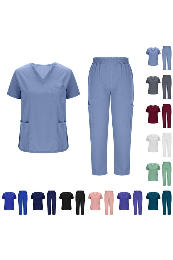 Nursing Uniform Set with Pockets, Short Sleeve V-Neck Blouse And Loose Drawstring Pants, Caregiver Scrubs Workwear for Women, Medical Uniforms Hospital Outfits, Practical Gifts for Nurses