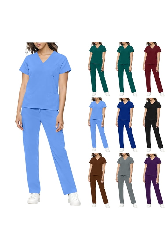 Nursing Uniform Set Women's Solid Color Loose Drawstring Pants with Pockets and Short Sleeve V-Neck Blouses, Caregiver Scrubs Workwear Pants Tops Combo, Medical Professional Gifts for Women