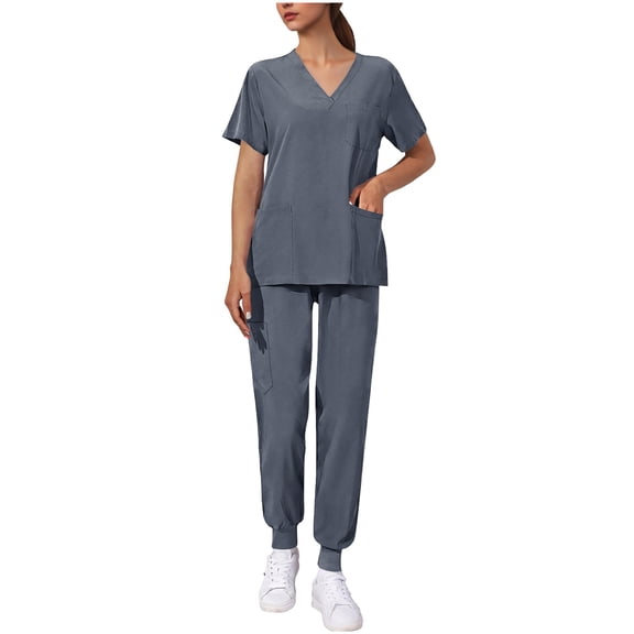 Nursing Uniform Sets for Womens Solid Short Sleeve V-Neck T-Shirts Loose Ankle Cuff Pants with Pocket Women's Caregiver Work Clothings