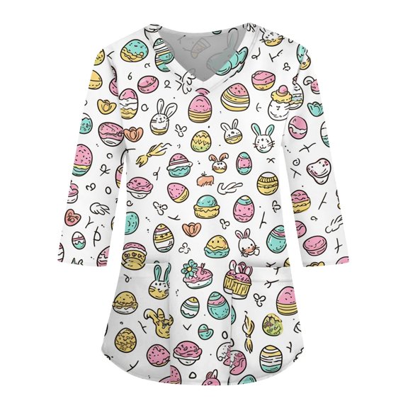 Nursing Uniforms For Women,Easter Scrub Tops Women Bunny Egg Hunt Print Medical Scrub Tops Holiday Working Uniform Happy New Year 2026,Purple,S