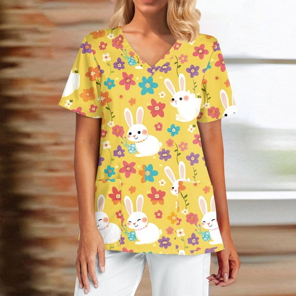 Nursing Uniforms For Women，Easter Scrub Tops Women Bunny Egg Hunt Print Medical Scrubs Top Stretchy V Neck Short Sleeve Nurse Uniforms，Yellow，XL