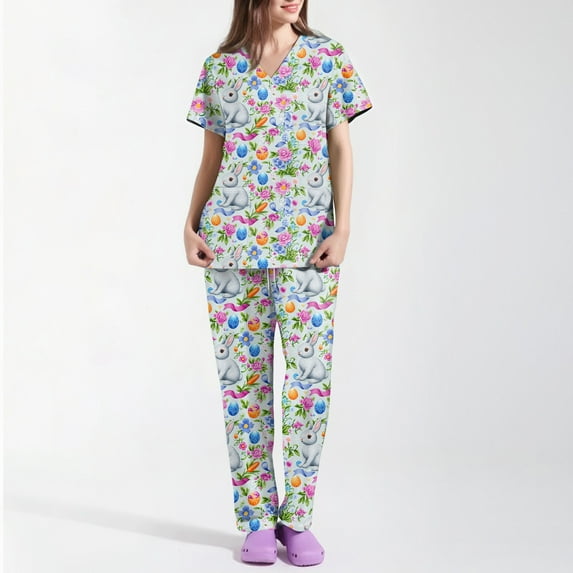 Nursing Uniforms For Women,Women's Short-Sleeve Easter Print Nursing Scrubs Set with Pockets,Blue,M