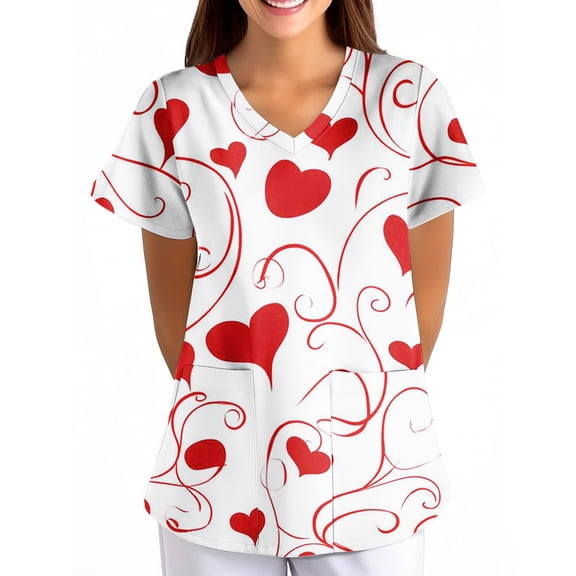 Nursing Uniforms For Women,Women's Valentine's Day Printed Loose-Fit V-Neck Pocket Short-Sleeve Nursing Scrubs Top - Watermelon Red - XL