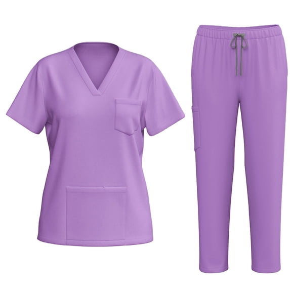 Nursing Uniforms Scrub Sets for Women 2 Piece Medical Outfits Quick Dry Short Sleeve V Neck Tops and Pants Workwear, Purple, XXL