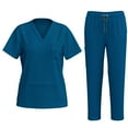 thumbnail image 1 of Nursing Uniforms Scrub Sets for Women 2 Piece Medical Outfits Quick Dry Short Sleeve V Neck Tops and Pants Workwear, Sea Blue, M, 1 of 7