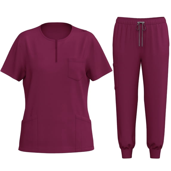 Nursing Uniforms Scrub Sets for Women Quick Dry 2 Piece Medical Outfits Short Sleeve Tops Elastic Jogger Scrub Pants, Wine, S