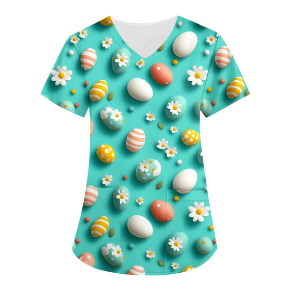 Nursing Uniforms,Scrubs for Women 2026 Easter Bunny Eggs Print Tops for Women V Neck Stretchy Short Sleeve Nursing Shirts with Pockets,Green,M
