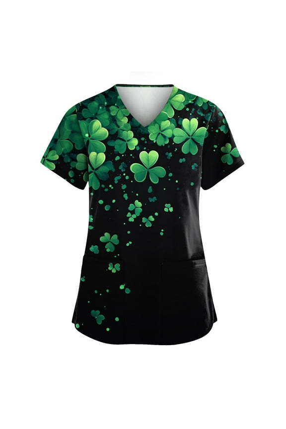 Nursing Uniforms Shirts Women Irish Shamrock Printed V-Neck Breathable Scrub Tops Short Sleeve Professionals Soft Stretch St. Patrick's Day T-Shirts with Pockets dark green X-Large