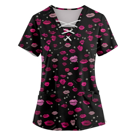 Nursing Uniforms Shirts Women Love Heart Printed V Neck Breathable Scrub Tops Short Sleeve Professionals Soft Stretch Valentine's Day Workwear Shirt with Pockets wine 3X-Large