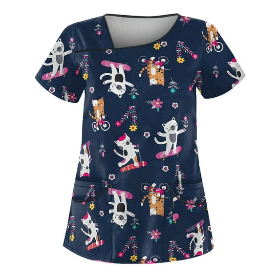 Nursing Uniforms Shirts Women Love Heart Printed V-Neck Breathable T-Shirts Short Sleeve Professionals Soft Stretch Valentine's Day Workwear Shirt with Pockets navy Medium